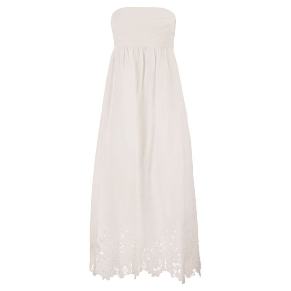 Maxmara Studio Women Strapless Linen Dress With Embroidered Hem